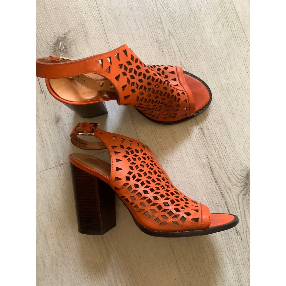 Rebecca Minkoff Orange Leather Laser Cut Block Heel Slingback Sandals 8.5M‎